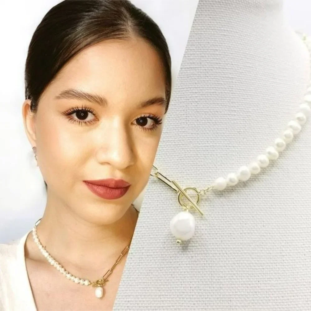 Gold Plated Cultured Baroque Freshwater Pearl‎ Pendant Necklace Toggle Clasp - Picture 9 of 9